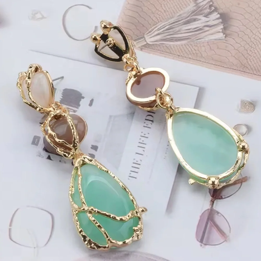 Zara Gold Green Stone Drop Earrings
